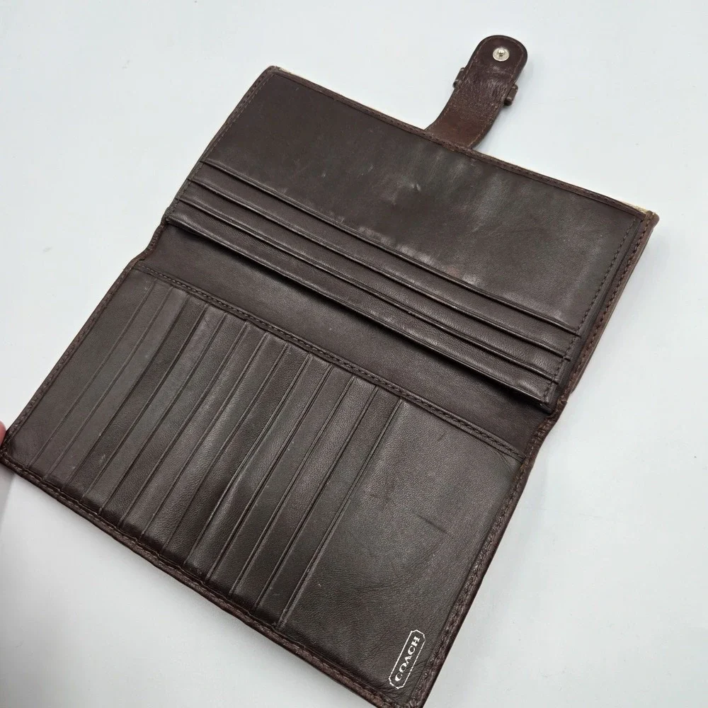 Y2K Coach Trifold Quilted Wallet Brown Canvas Clutch Signature Mono Credit Slots